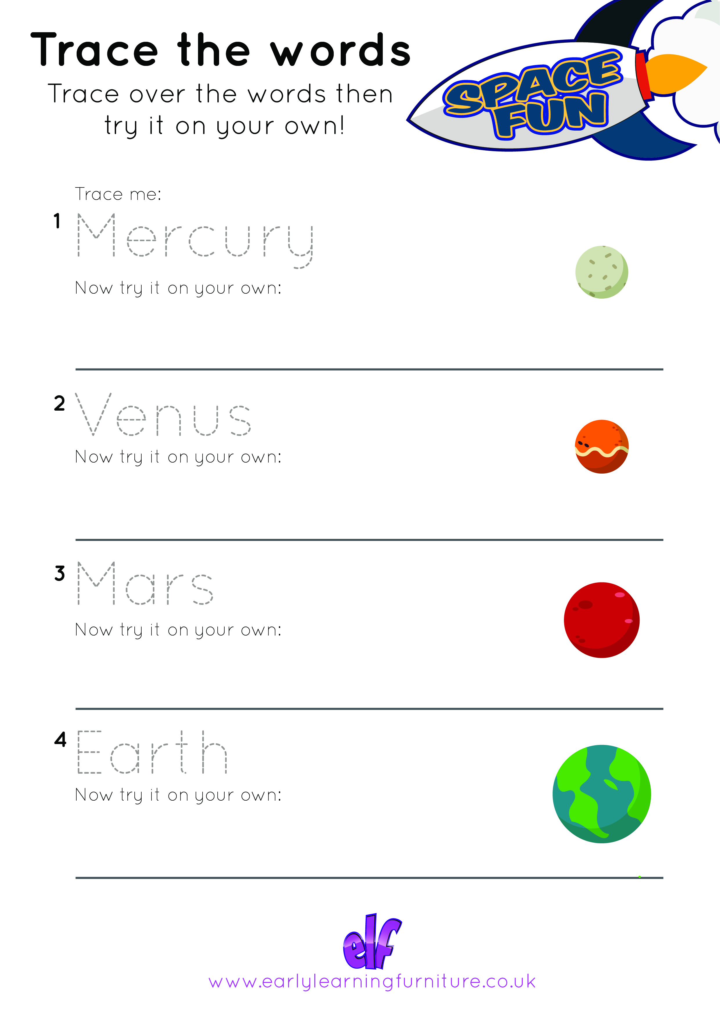 Space Themed Worksheet Trace The Words